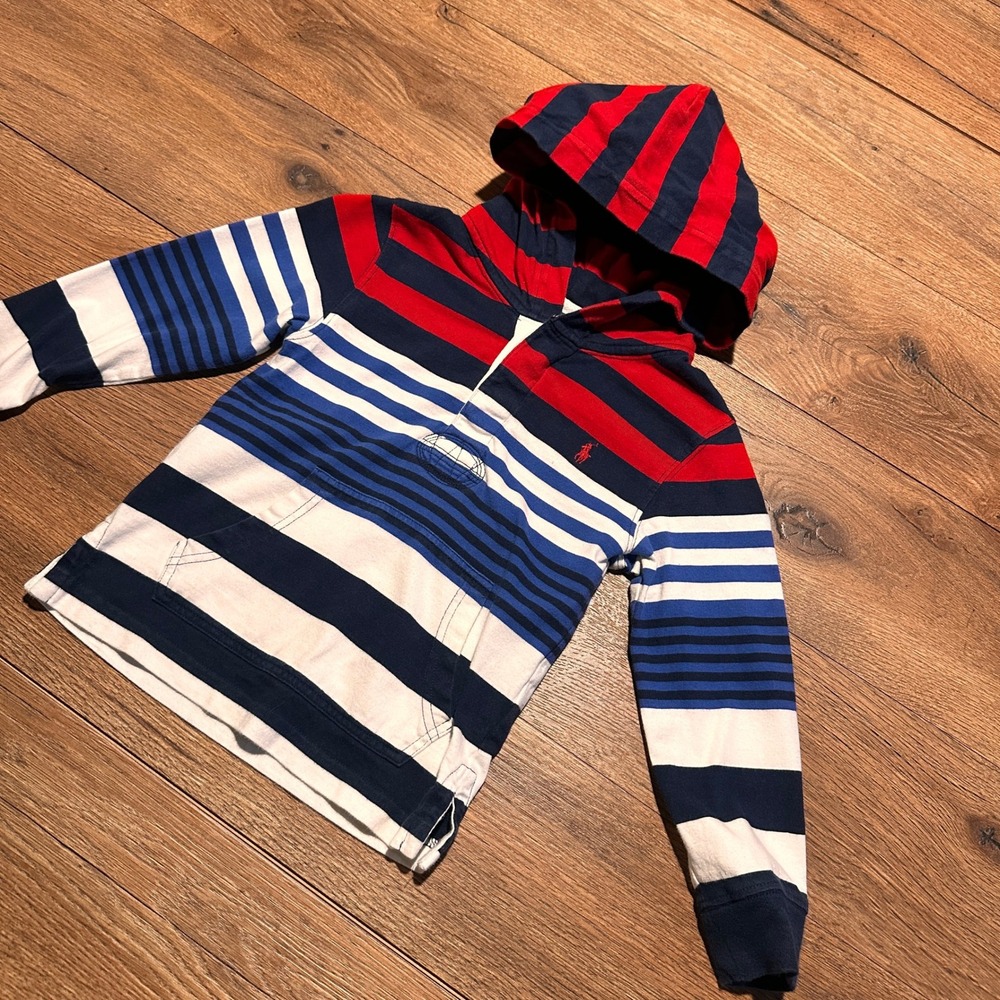 Polo Ralph Lauren Red Blue Multi Striped Hoodie Boys Size 5